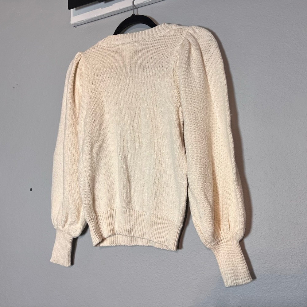 525 Sweater Pullover Crewneck Puff Sleeves Cream Ivory Beige Cotton Size Small - Picture 4 of 7